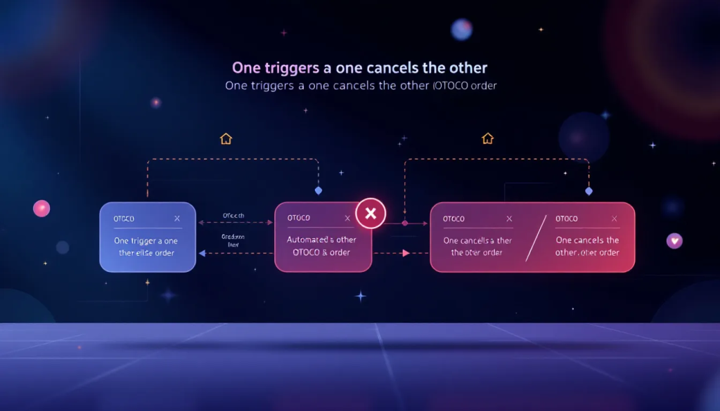A digital infographic diagram illustrates how one triggers a one cancels the other order.