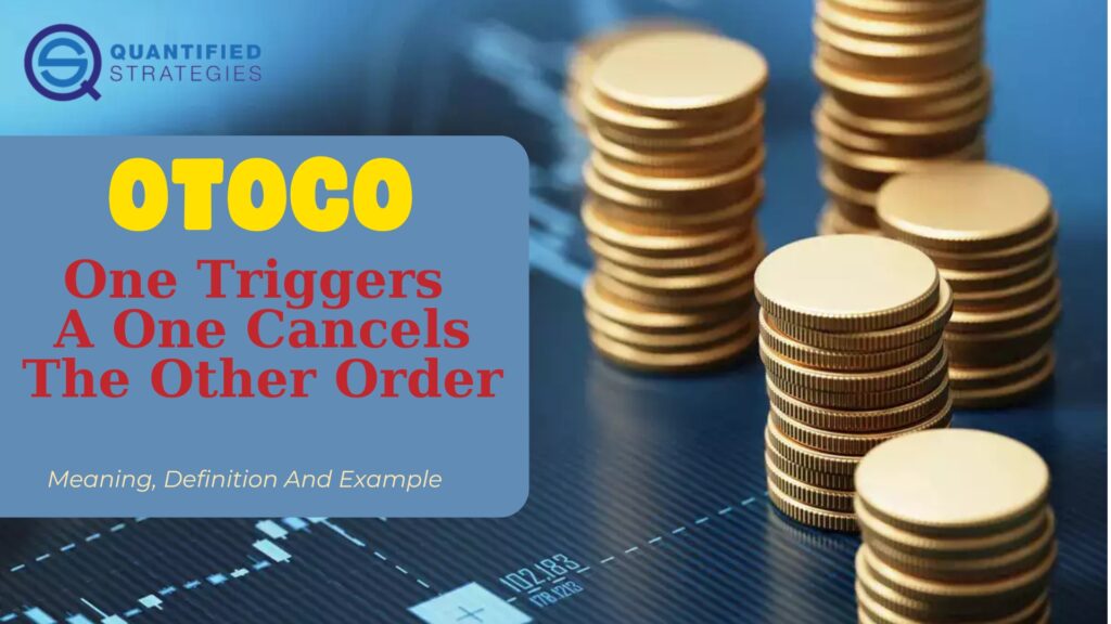 Stacked gold coins rest on a dark blue surface beside financial market charts.