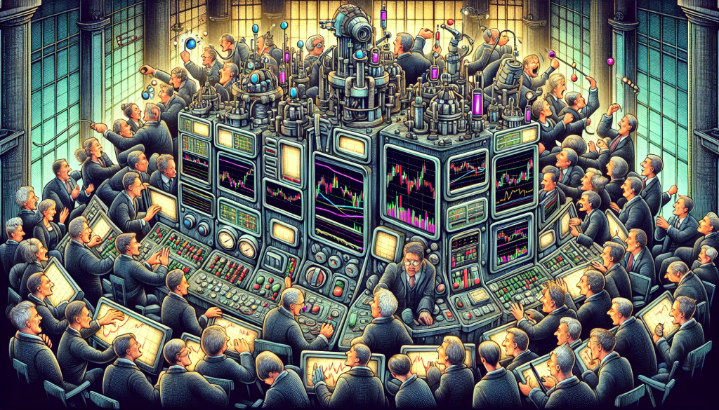Traders gather around a massive central machine filled with financial charts and screens.