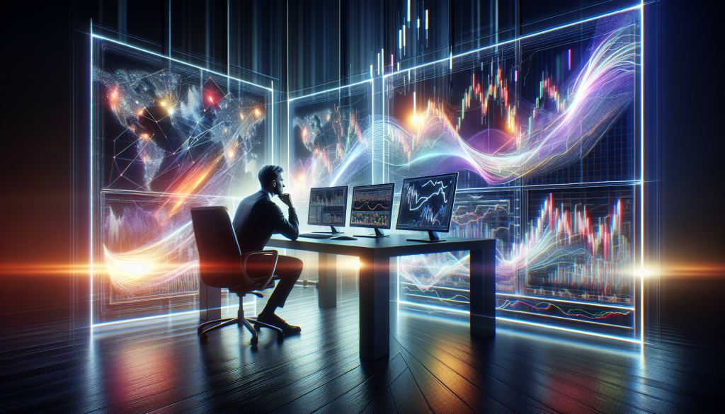 A lone trader sits before multiple glowing monitors displaying advanced financial data graphs.