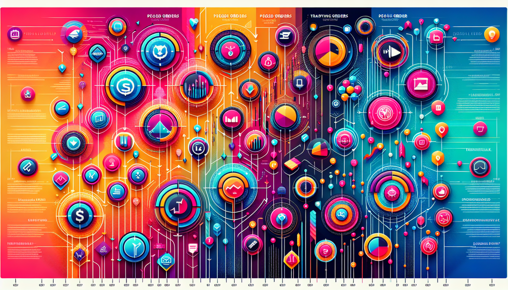 A colorful infographic diagram illustrates complex connections and data points for financial trading orders.
