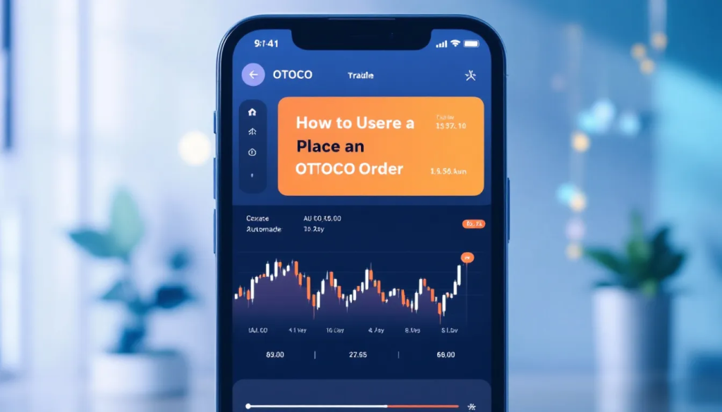 A smartphone screen displays a trading application with financial charts and market data.