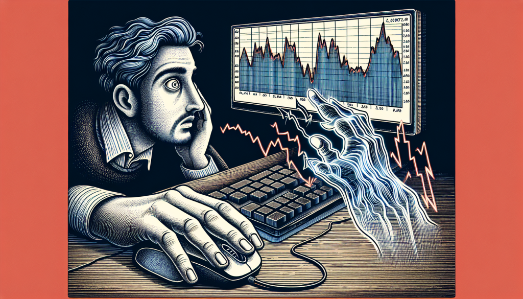 A worried trader looks closely at volatile stock charts on a computer monitor.