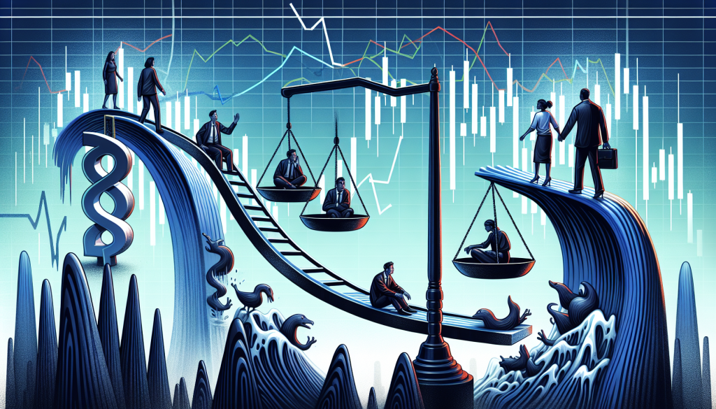 People navigate a complex scale structure set against financial background market charts.