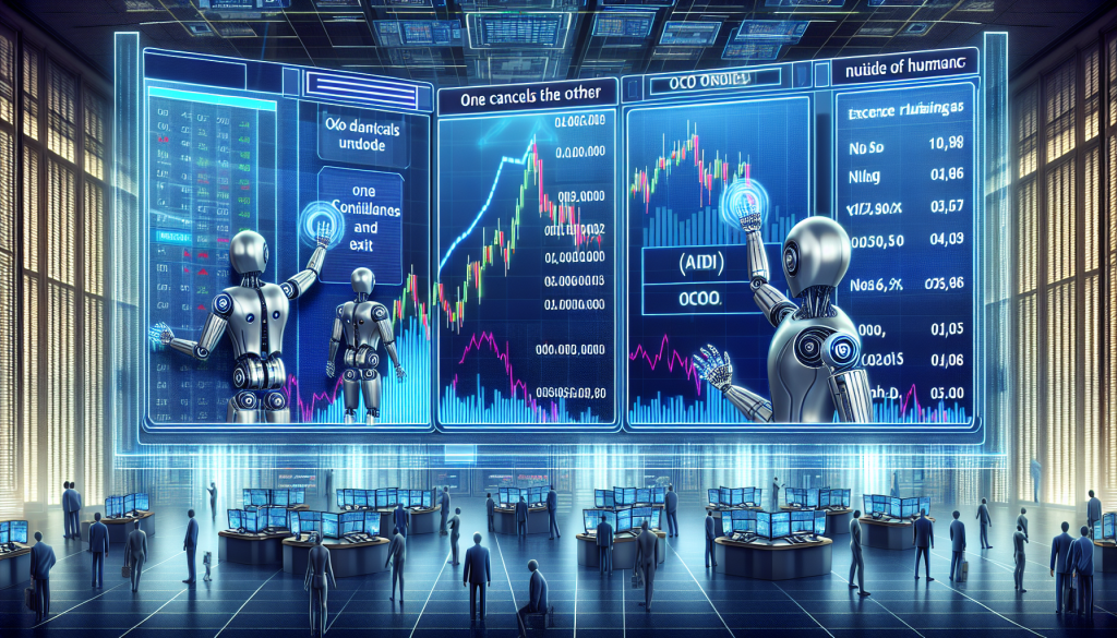 Robotic figures interact with massive glowing digital screens showing financial data in a hall.