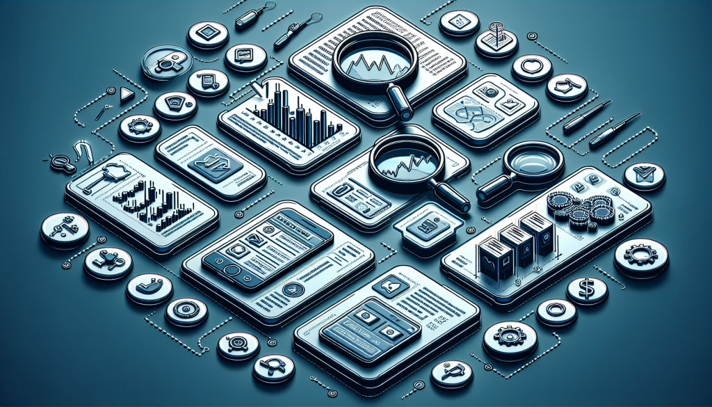 An isometric layout features financial dashboards, magnifying glasses, and trading icons.