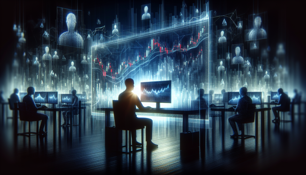Silhouetted traders work on glowing computer monitors displaying complex financial charts and data.