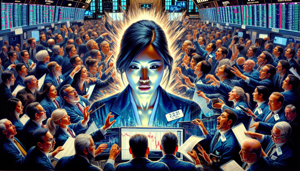 A glowing central trader stands surrounded by a busy crowd on the trading floor.