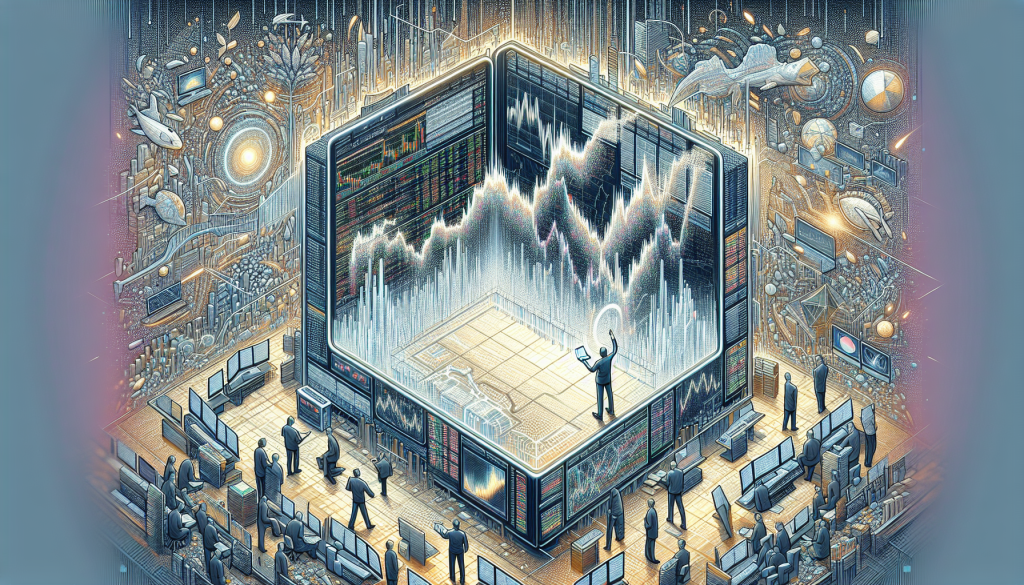 A detailed digital display features glowing stock market charts surrounded by tiny traders.