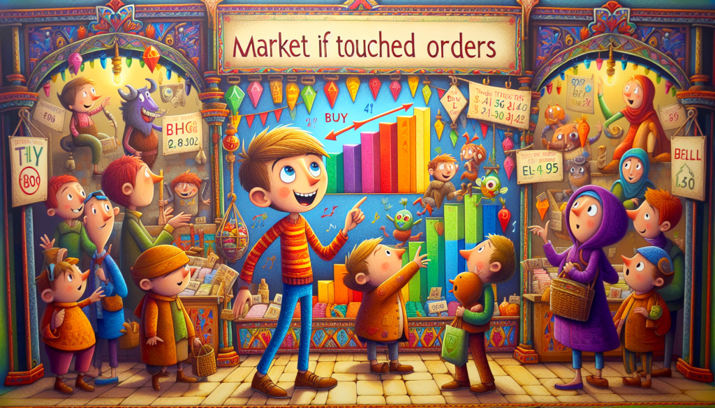 A colorful, whimsical illustration depicts a boy pointing at a glowing financial chart display.
