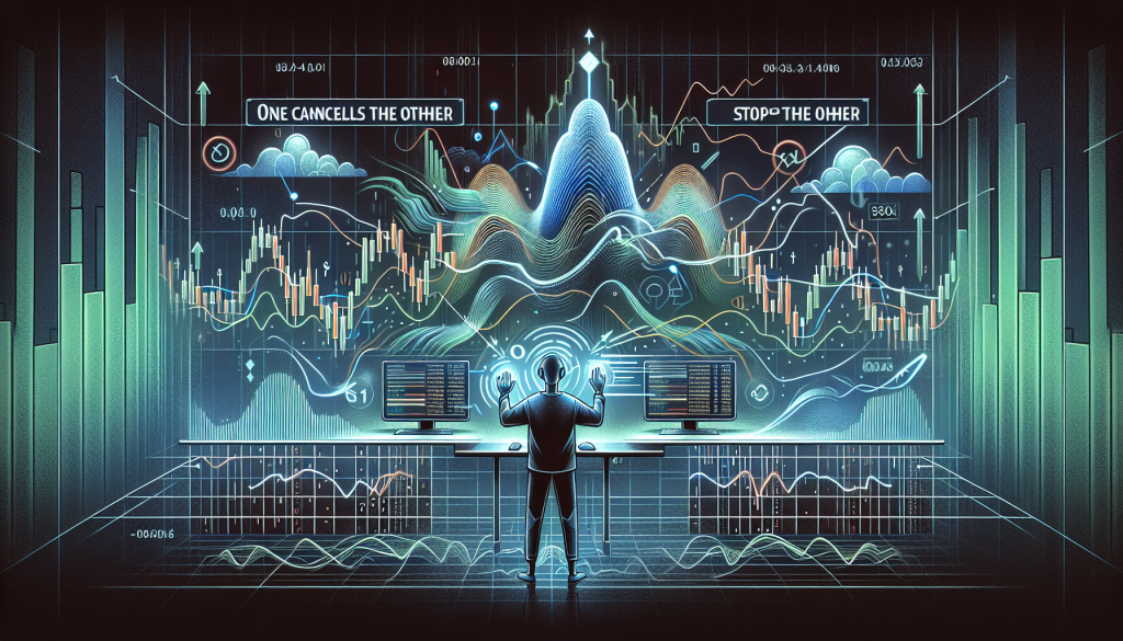 A trader stands facing multiple screens displaying glowing financial charts and data.