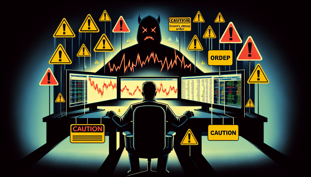 A lone trader sits before multiple screens surrounded by numerous warning signs and cautions.