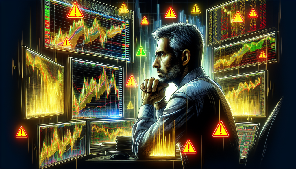 A focused trader reviews multiple glowing financial monitors featuring alert warning symbols.