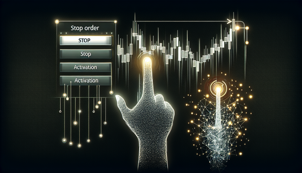 A glowing digital hand points toward a stock chart alongside stop order control buttons.