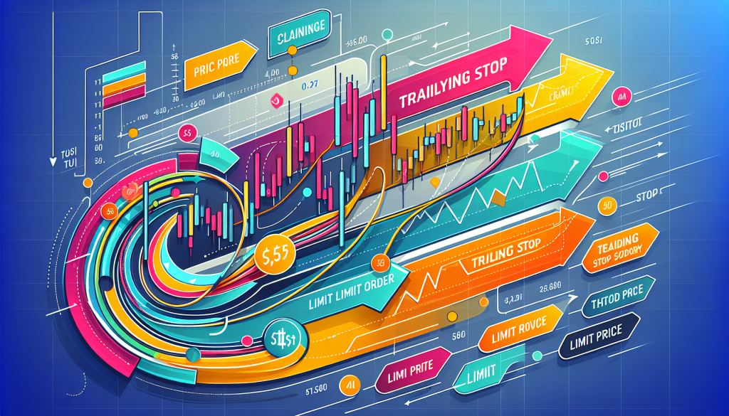A colorful infographic features market charts and arrows detailing technical financial indicators and orders.