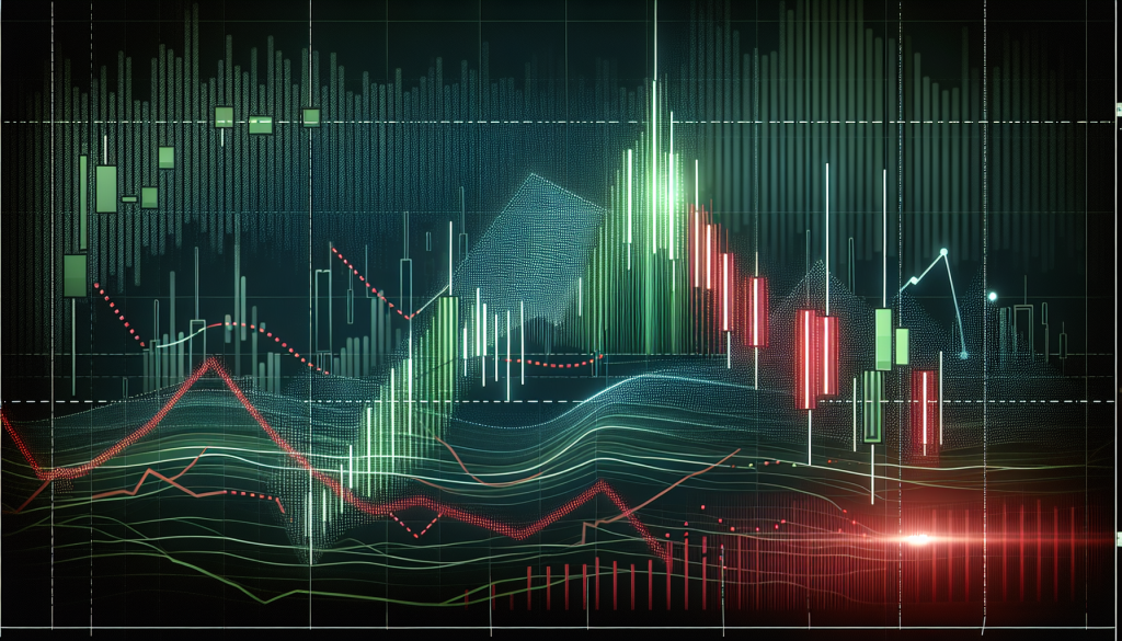 Green and red candlestick charts display financial market trends and trading metrics clearly.