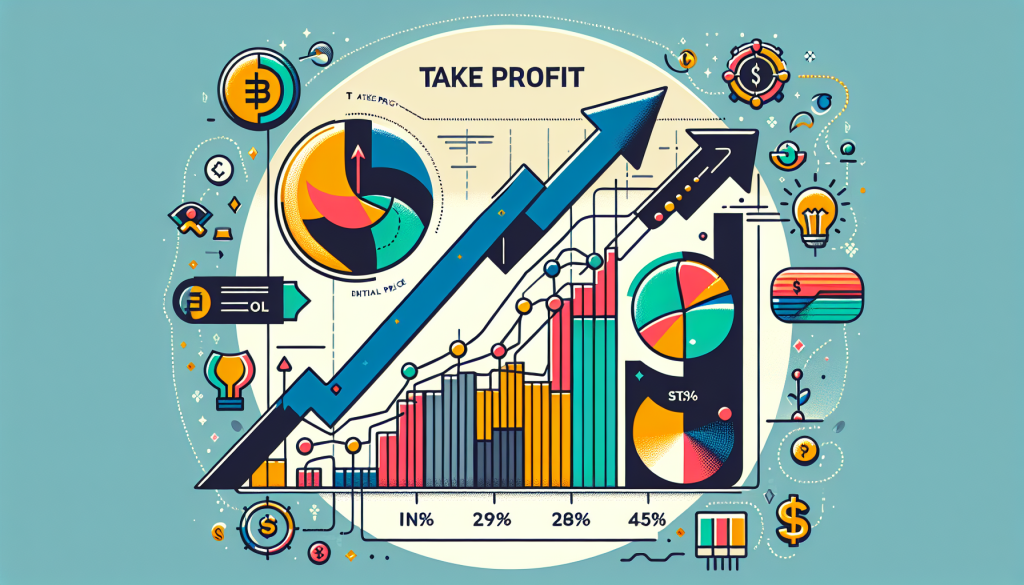 A detailed digital graphic shows rising bar charts and arrows labeled with take profit text.