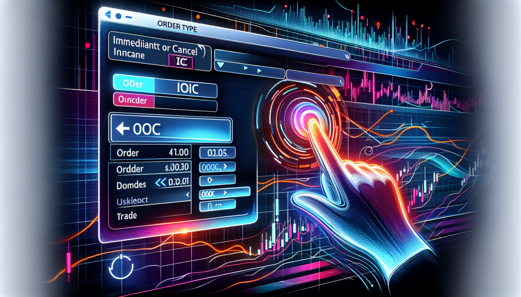 A glowing hand touches a digital trading panel displaying order type options.