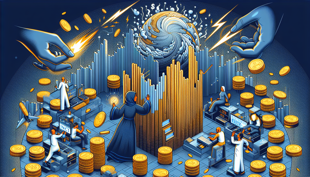 Gigantic hands oversee traders working among towers of gold coins and market charts.