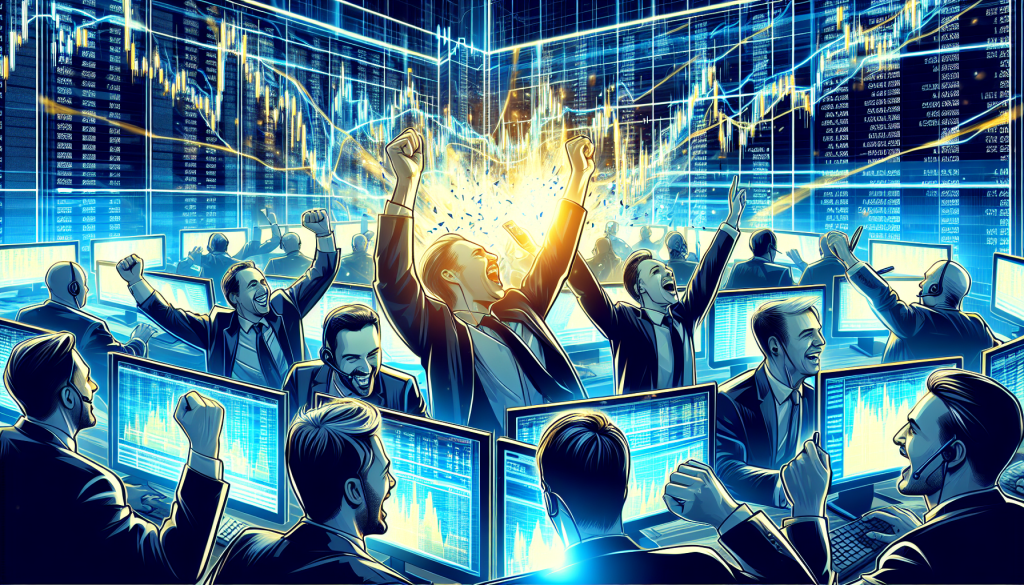 Excited traders raise their arms in celebration before glowing financial market computer screens.