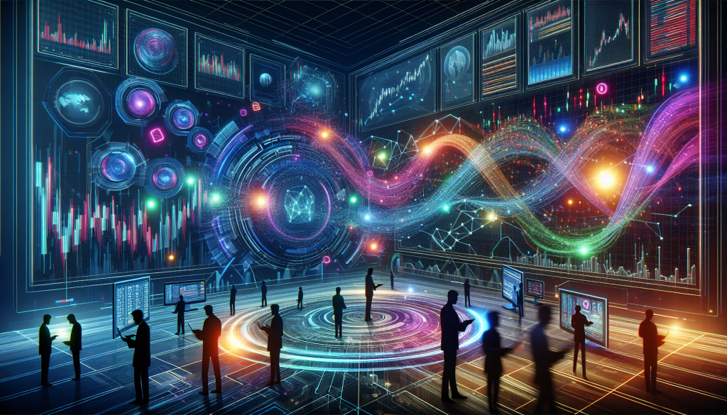 Silhouetted traders stand inside a high-tech digital control room filled with glowing charts.
