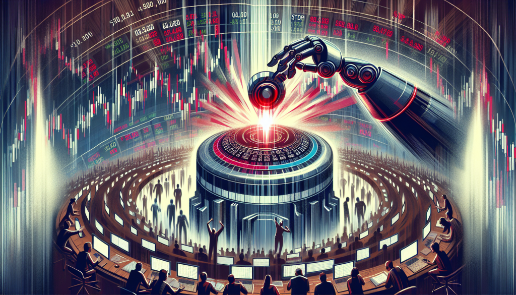A robotic arm pushes a glowing control button amid a bustling stock trading floor.