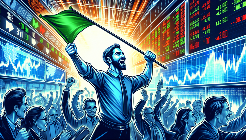 An excited trader holds a green flag high amid glowing market boards.
