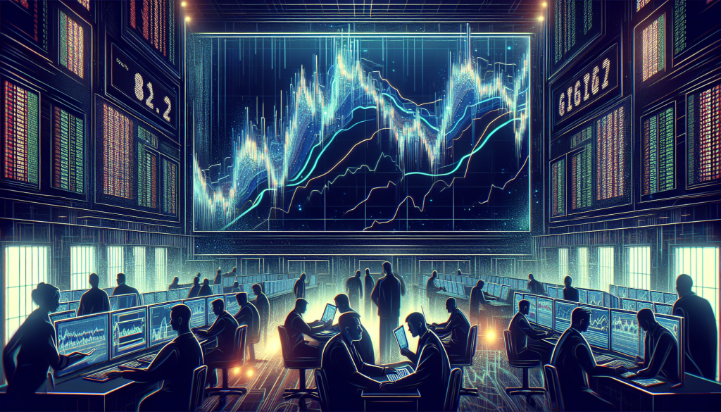 Silhouetted traders work at glowing desks beneath a massive digital stock market chart.