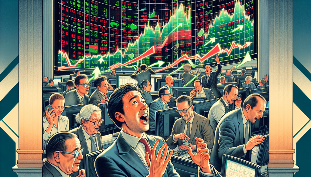 Traders react excitedly in a busy exchange room beneath glowing stock market charts.