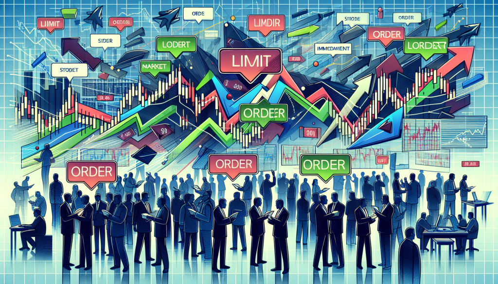 Silhouetted traders gather below colorful financial market charts and order type speech bubbles.
