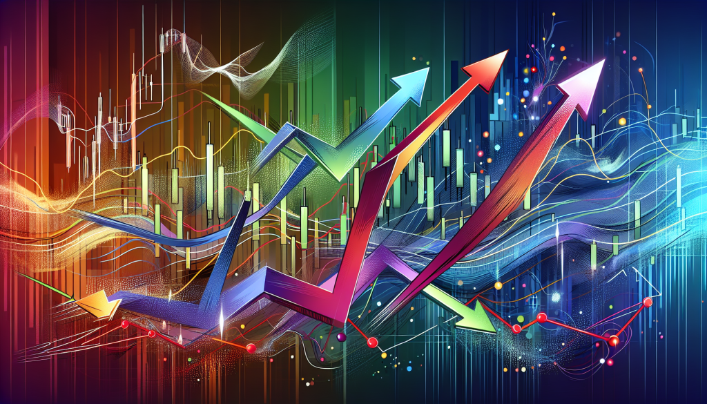 A colorful financial market chart features dynamic arrows illustrating different asset trends.