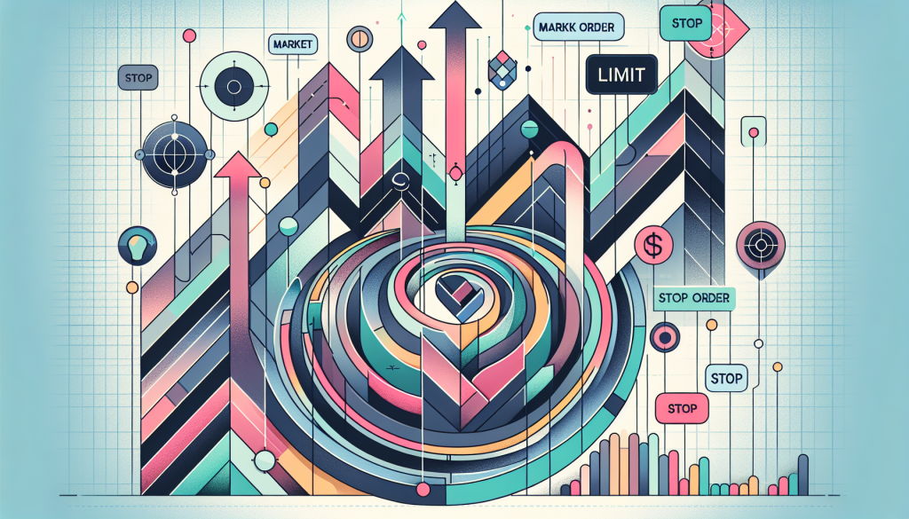 A colorful graphic illustrates various financial trading orders and upward market trend charts.