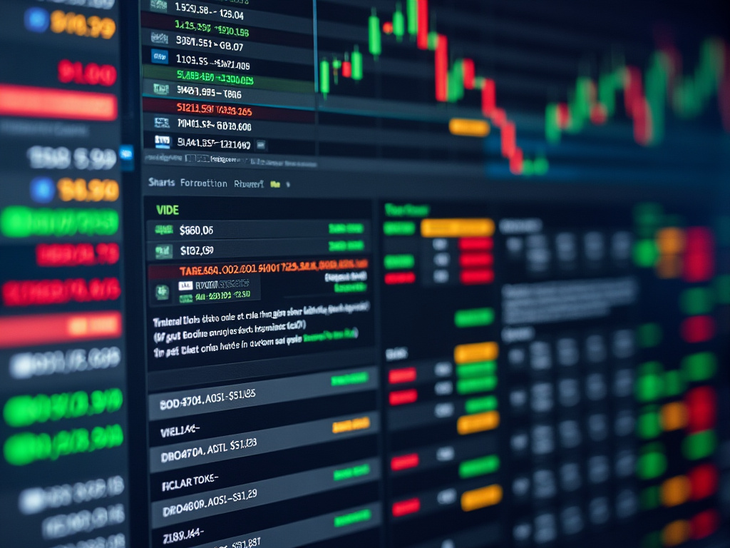 A computer screen displays colorful financial charts and market data for trading analysis.