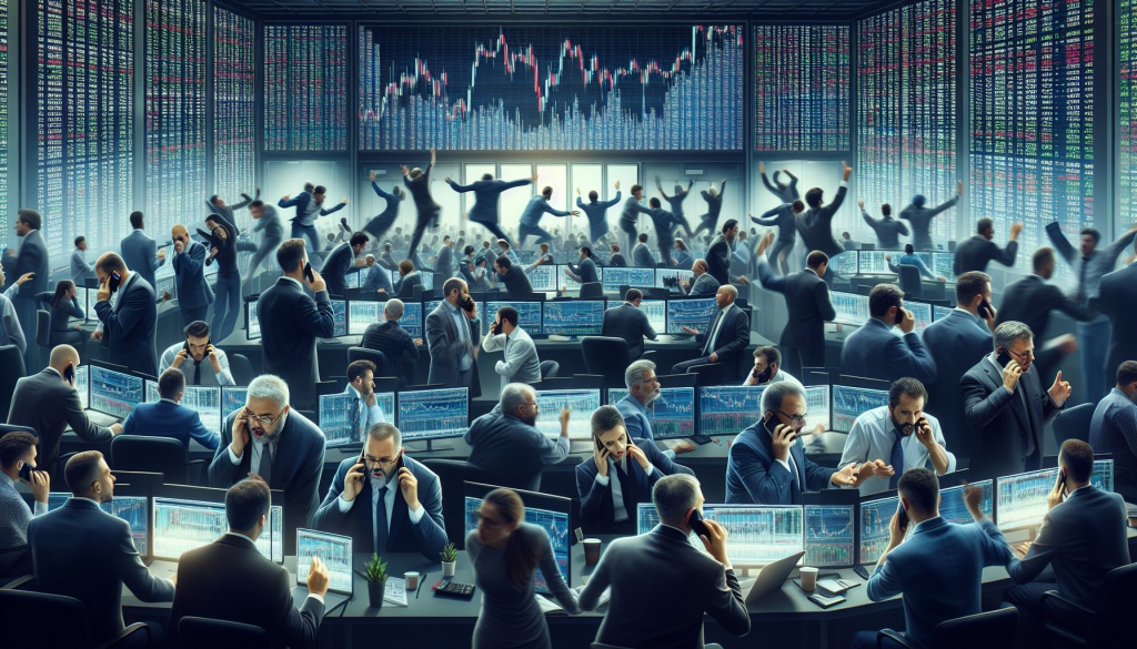 Busy traders work at desks beneath large screens displaying stock market data charts.