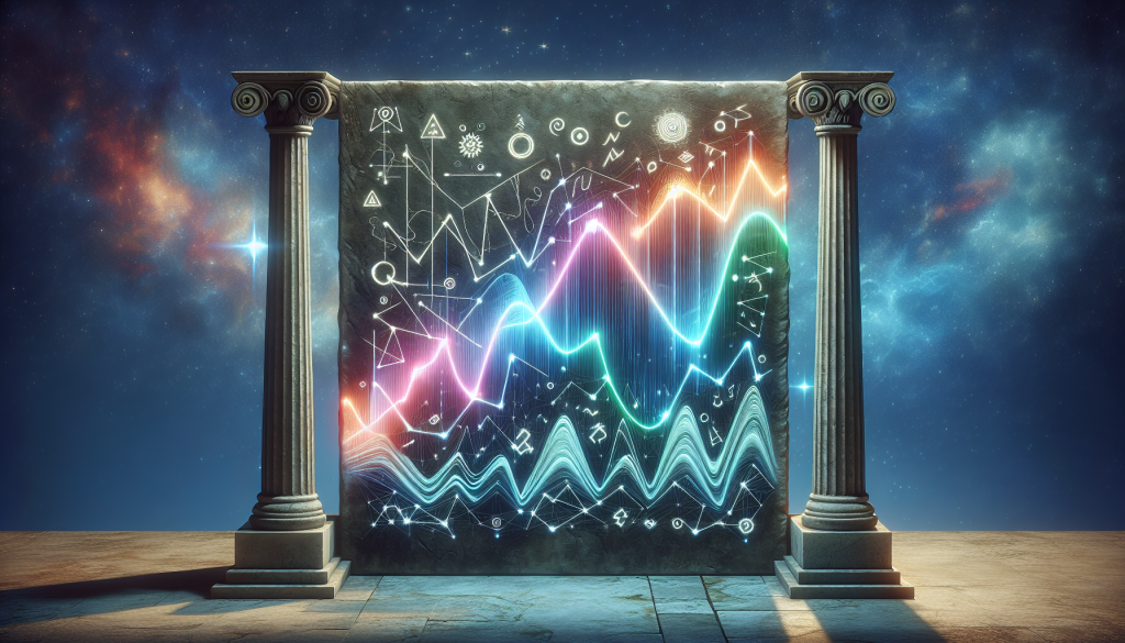 A glowing financial chart is displayed on a stone tablet between two classical columns.
