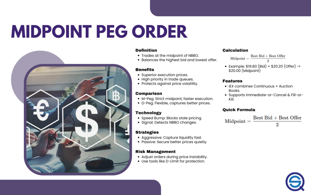 An informative financial overview chart explains details about a midpoint peg order.