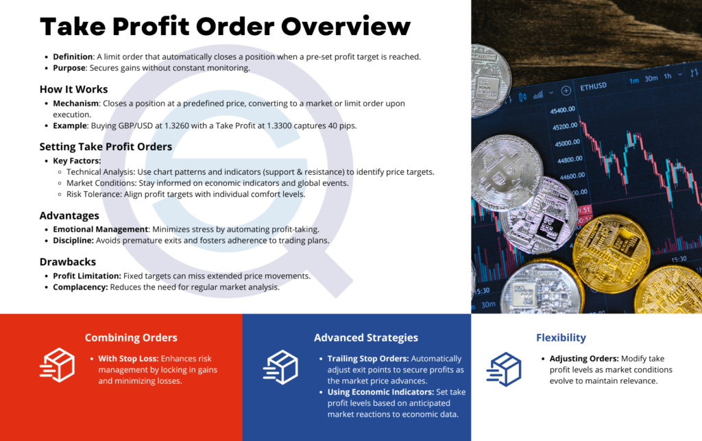 An informative financial overview chart outlines details about a take profit order.