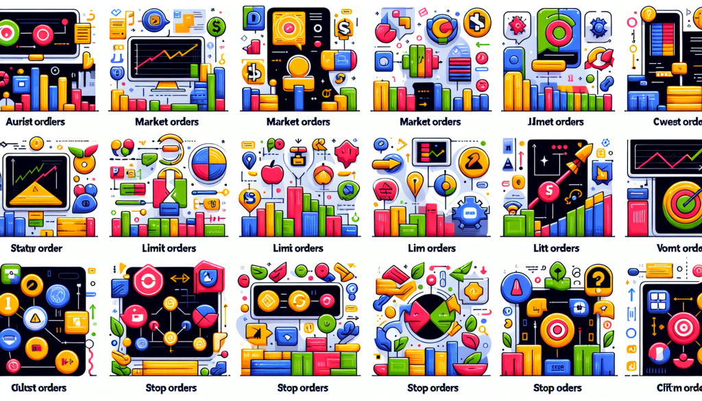 Colorful cartoon panels display various stock order types, charts, and trading data icons.