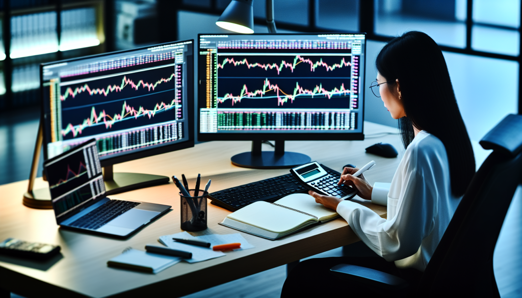 A professional trader sits at a desk reviewing stock charts on multiple computer screens.