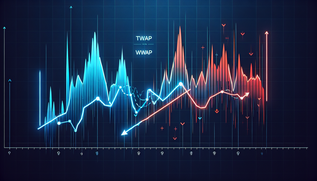 Neon blue and red trading charts display financial market indicators against a grid background.